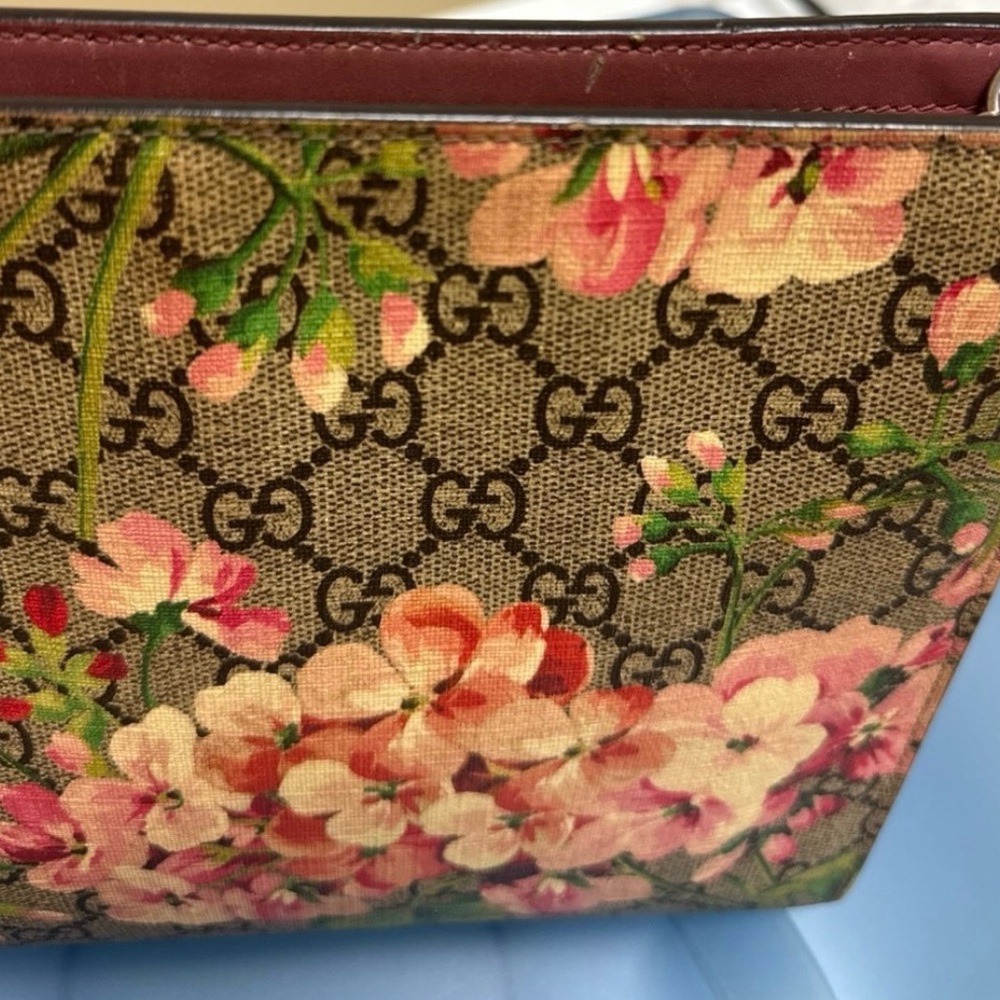 Gucci Pink and Brown Cosmetic Bag with Floral Design